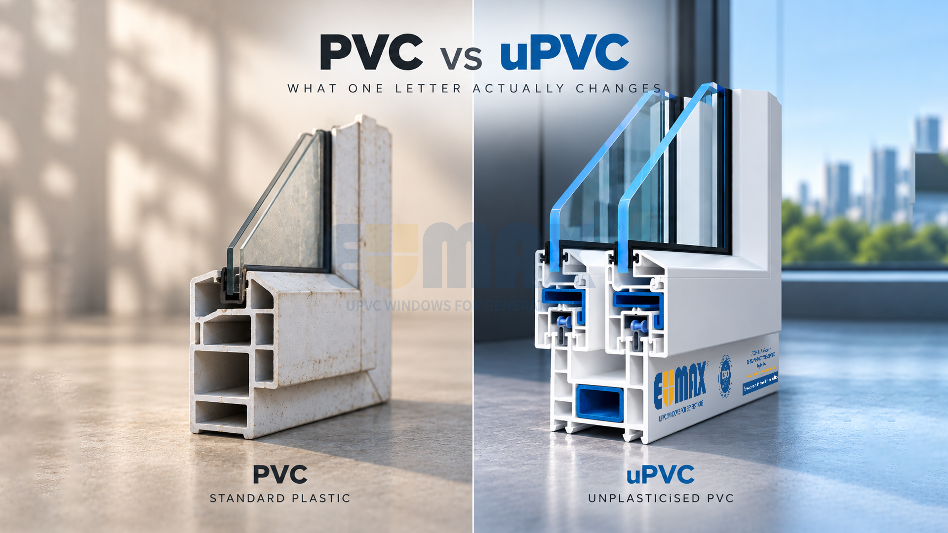 Cut-away profile sections side by side: a discoloured, weathered standard PVC section next to a clean white uPVC section with double glazing and multi-chamber construction