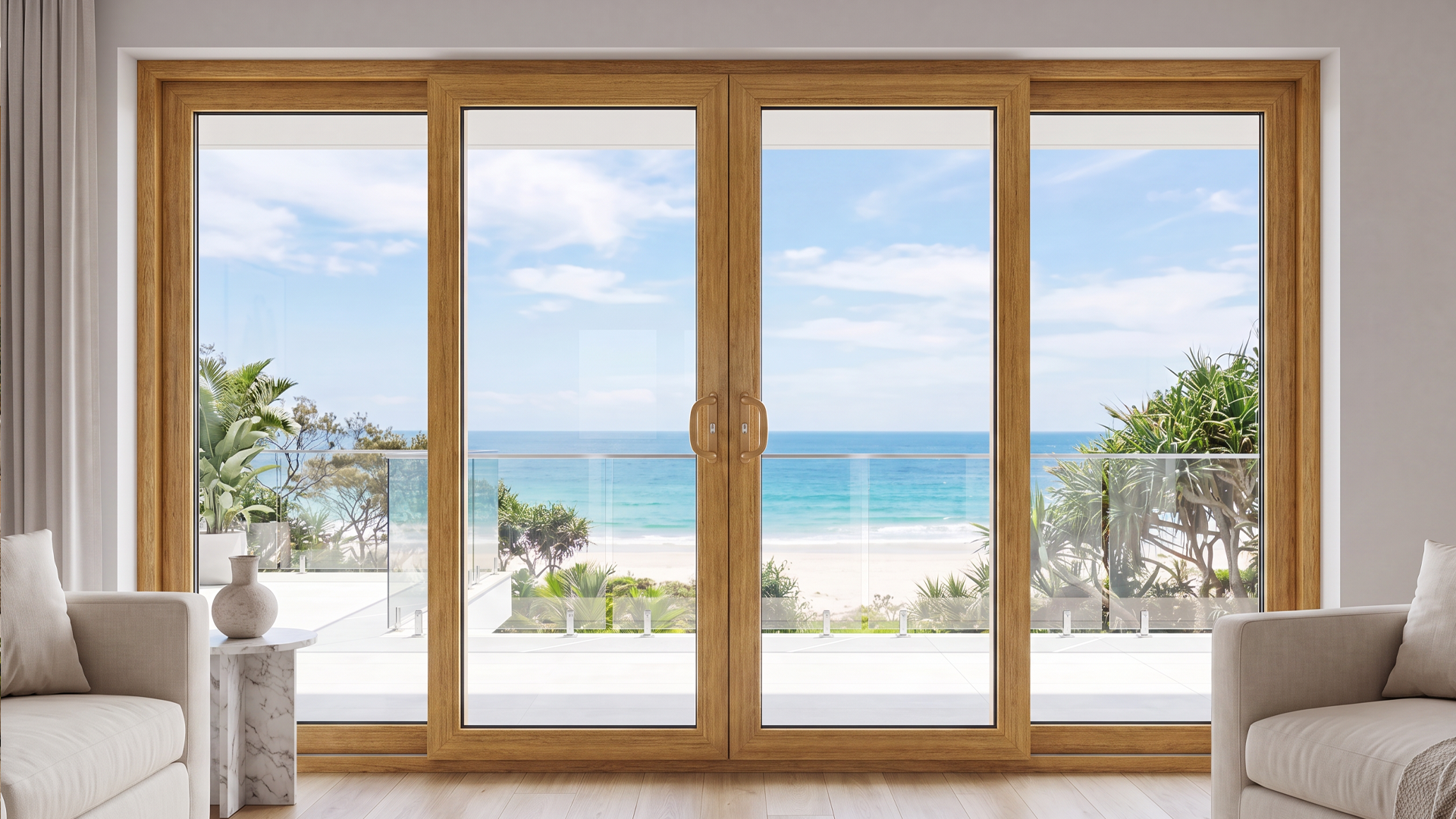 A four-panel Golden Oak laminated uPVC sliding door system in a living room, opening onto a balcony with a sea view