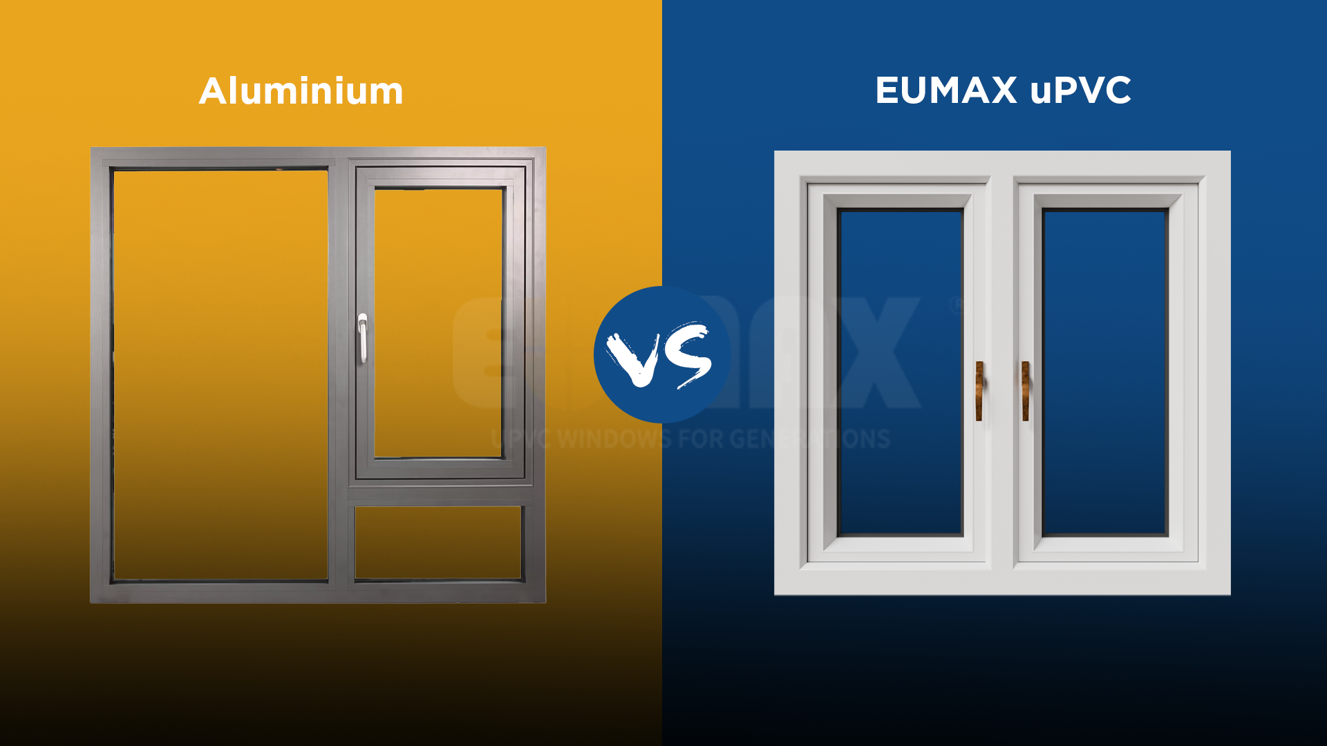 A grey aluminium sliding window shown beside a white Eumax uPVC casement window in a side-by-side comparison