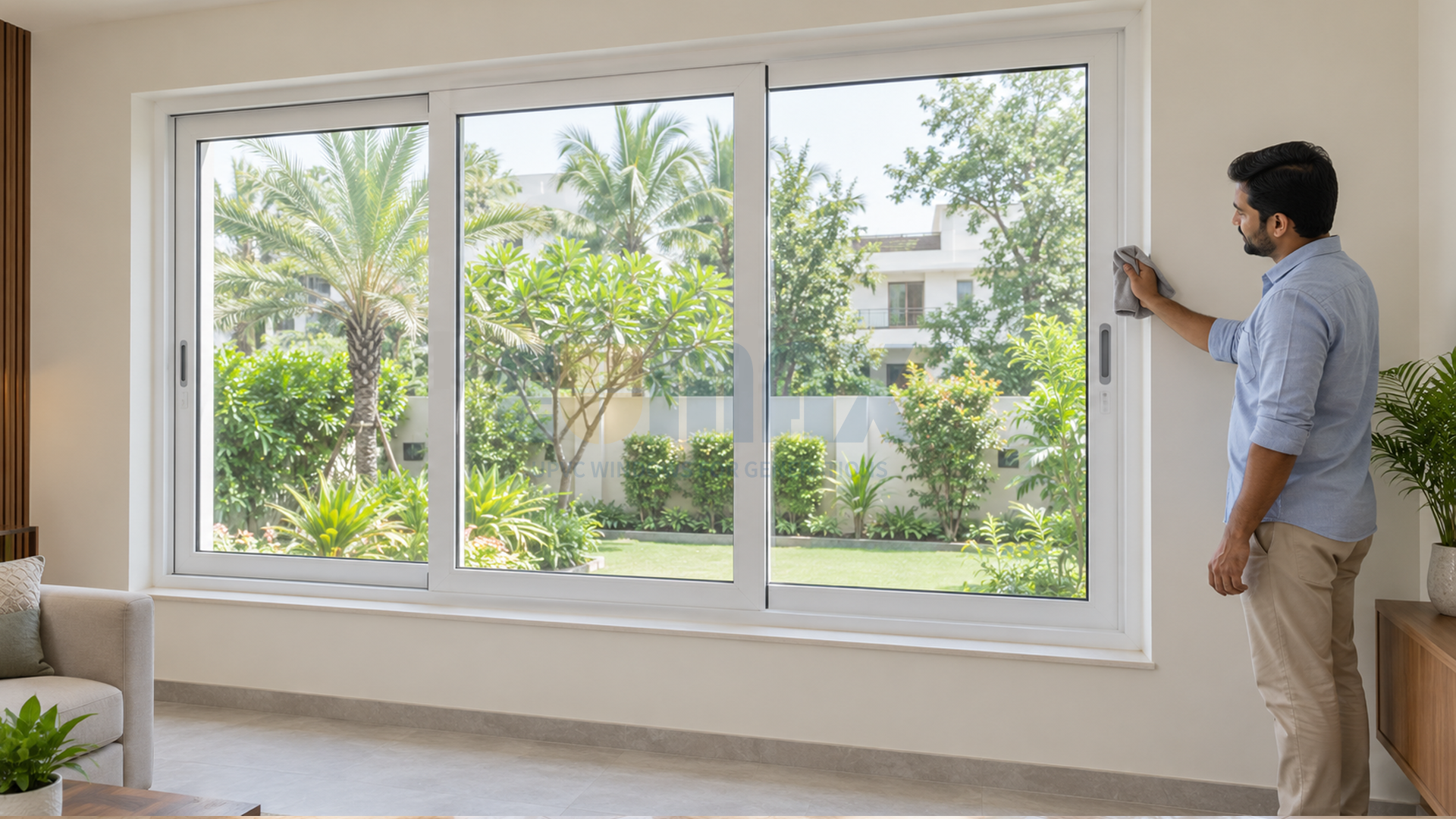 A man wiping the frame of a large white three-panel uPVC sliding window in a living room overlooking a garden