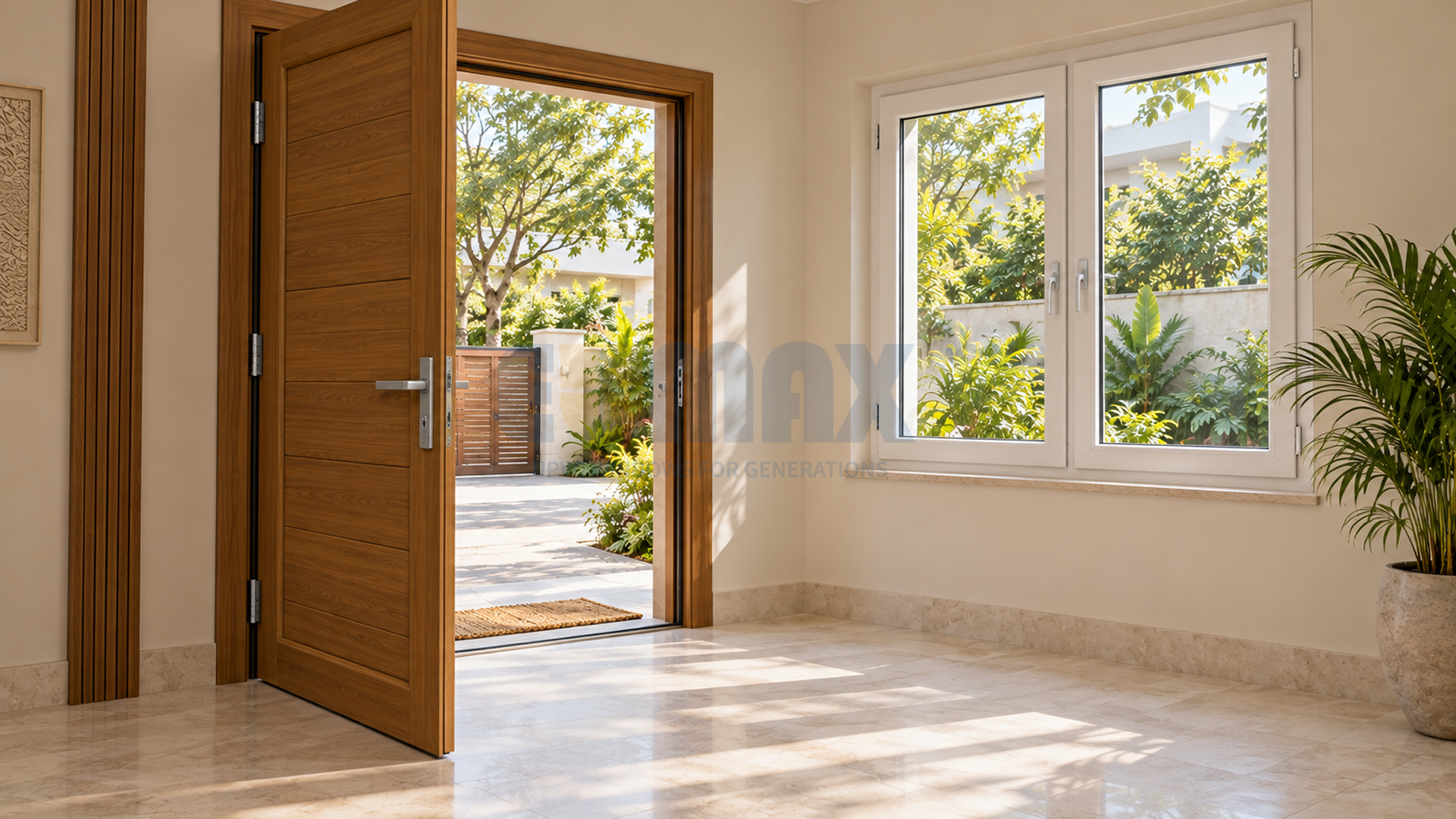 An open woodgrain uPVC entrance door leading to a sunlit courtyard, with a white uPVC casement window on the adjacent wall