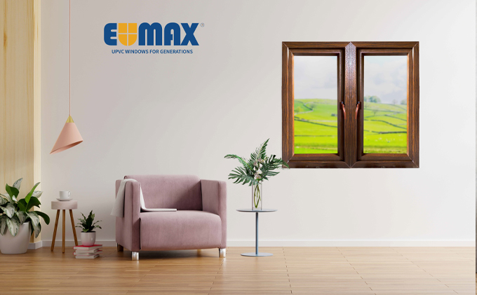 Eumax uPVC casement window hinged fully open outward on a multi-chamber uPVC frame