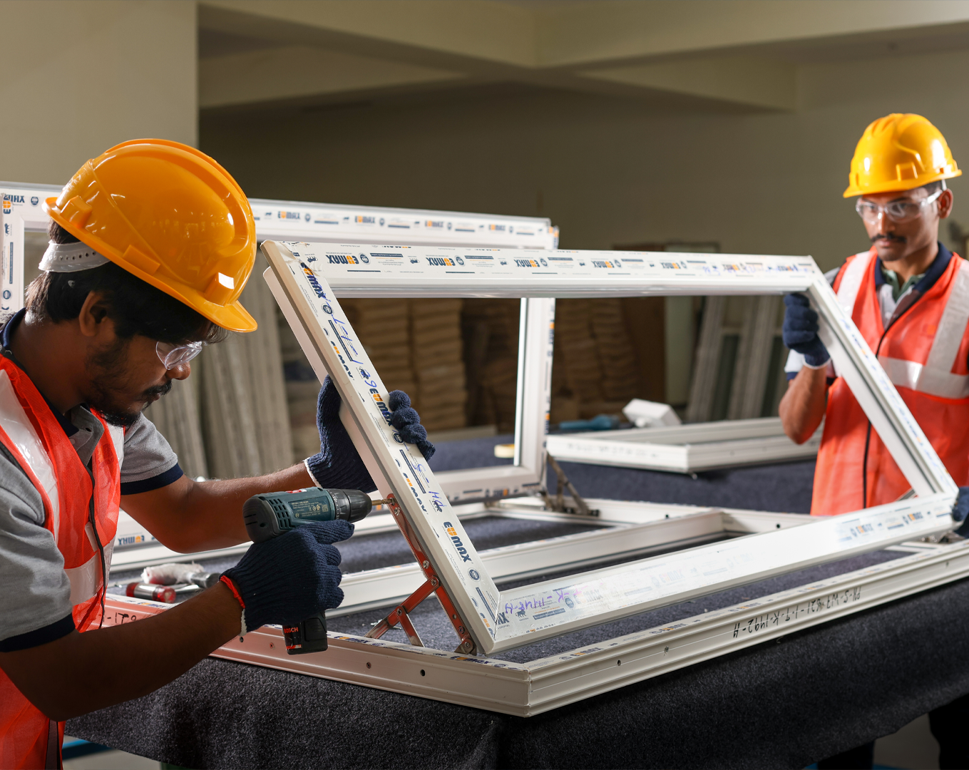 uPVC window fabrication at the Eumax manufacturing facility in Bangalore