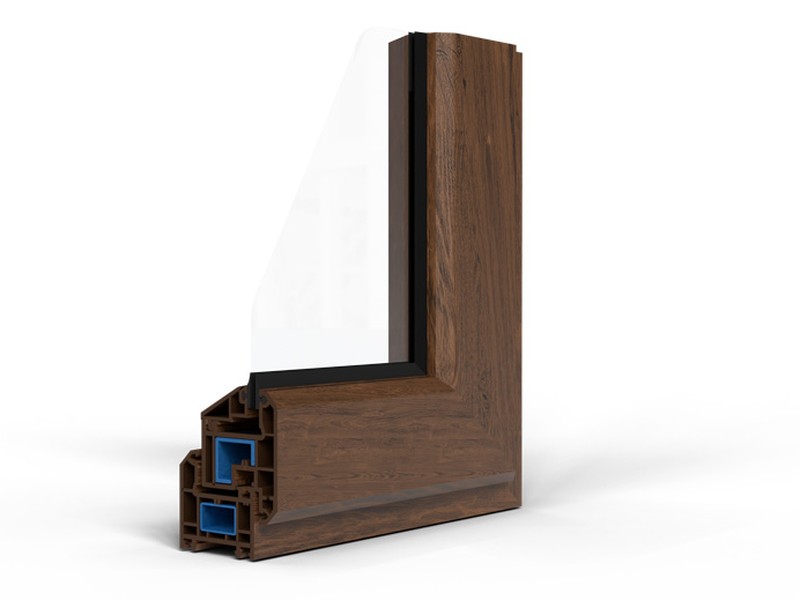 Eumax uPVC window profile in Walnut laminated finish